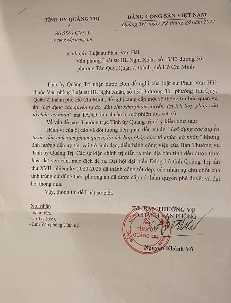 Quảng Trị: Mở lại phiên tòa 'nói xấu lãnh đạo tỉnh' vào ngày 30 – 31/3 ảnh 1