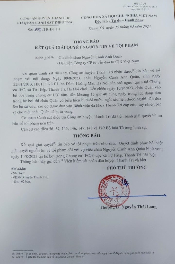 Phục hồi giải quyết vụ bé trai 10 tuổi đuối nước tại bể bơi ở Hà Nội ảnh 1
