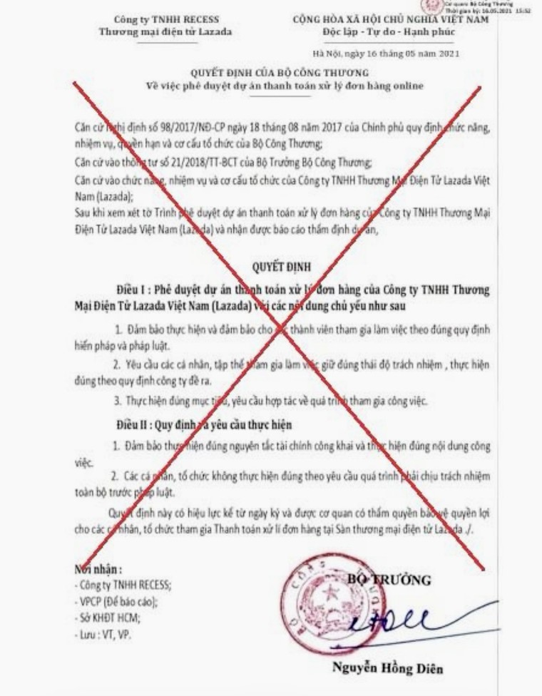 Cảnh báo giả mạo Bộ Công Thương về việc Phê duyệt dự án thanh toán xử lý đơn hàng online ảnh 1