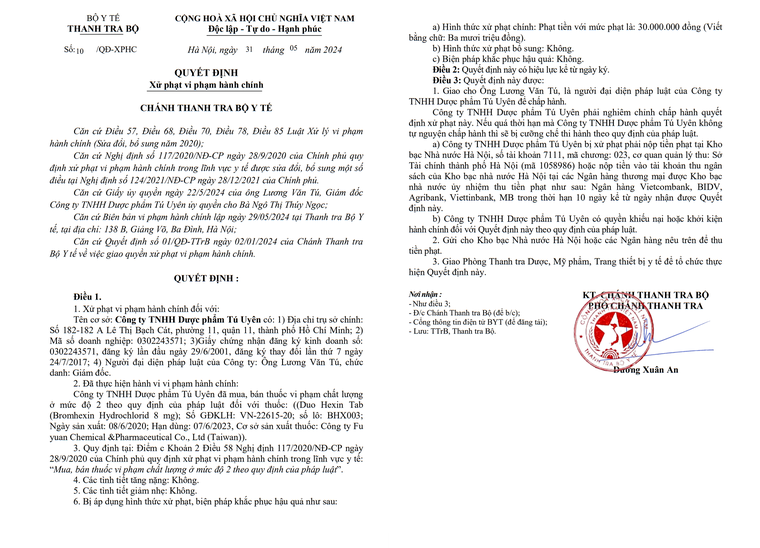 Bộ Y tế xử phạt Công ty Tú Uyên vì bán thuốc không đạt tiêu chuẩn ảnh 1