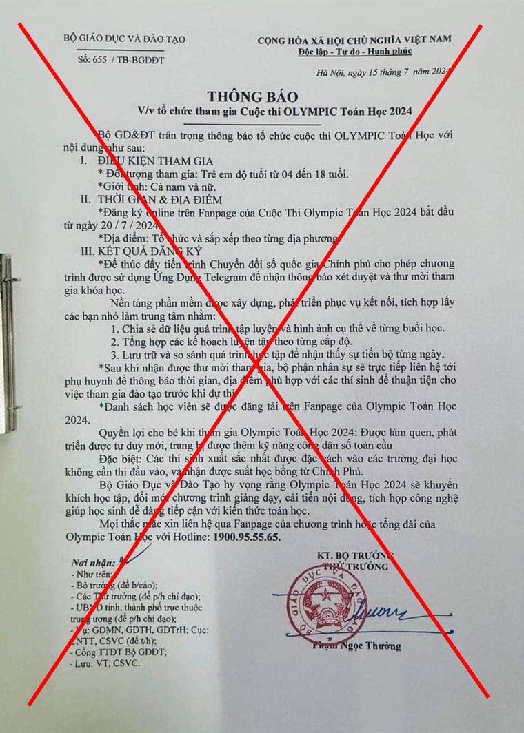 Bộ Giáo dục và Đào tạo cảnh báo văn bản giả mạo tổ chức thi Olympic Toán học 2024 ảnh 1