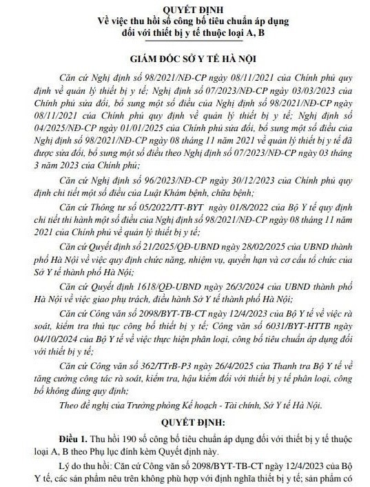 Hà Nội: Hàng loạt công ty dược đứng đầu danh sách 190 số công bố thiết bị y tế bị thu hồi ảnh 1