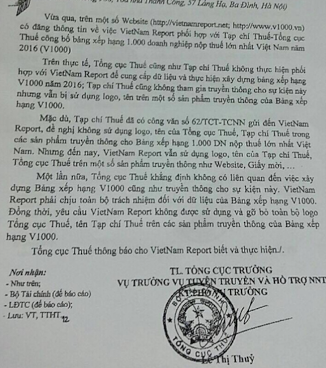 Tổng cục Thuế công bố không liên quan tới Bảng xếp hạng V1000 DN nộp thuế lớn nhất năm 2016 ảnh 1