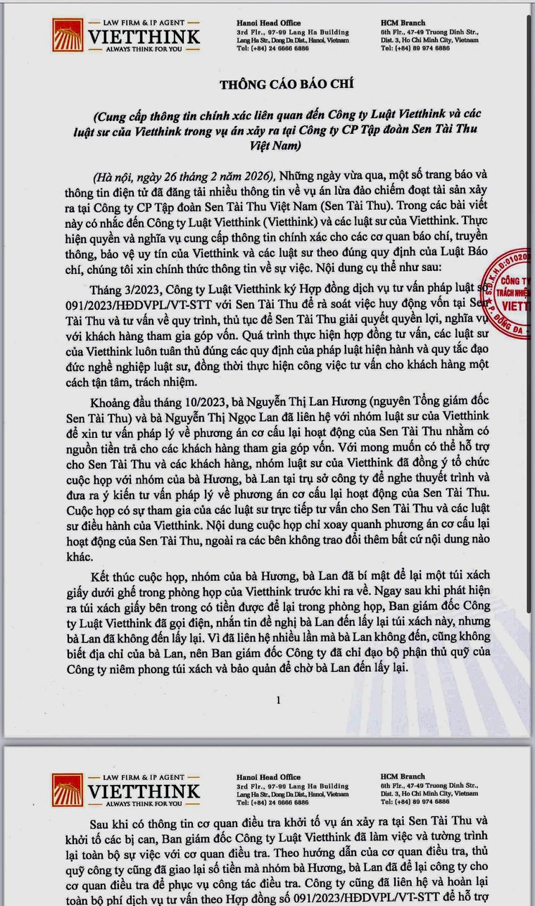 Công ty Luật Vietthink lên tiếng trước thông tin nhận tiền trong vụ án Tập đoàn Sen Tài Thu ảnh 1