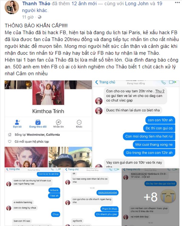 Facebook mẹ ca sĩ Thanh Thảo bị hack, lừa fan cả trăm triệu đồng ảnh 1