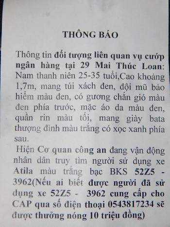 Treo thưởng 10 triệu đồng tìm xe máy của tên cướp ngân hàng ảnh 1
