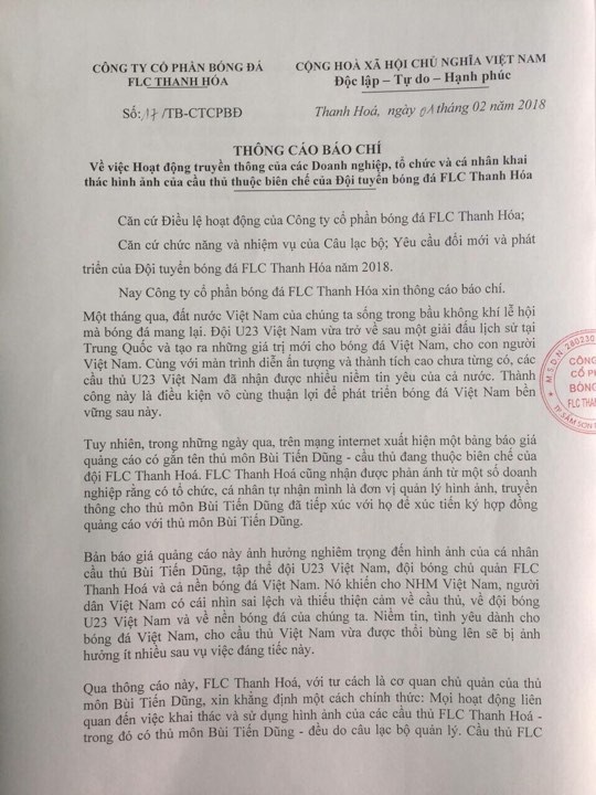 CLB Thanh Hóa chính thức lên tiếng về bản hợp đồng ngàn đô của Bùi Tiến Dũng ảnh 2