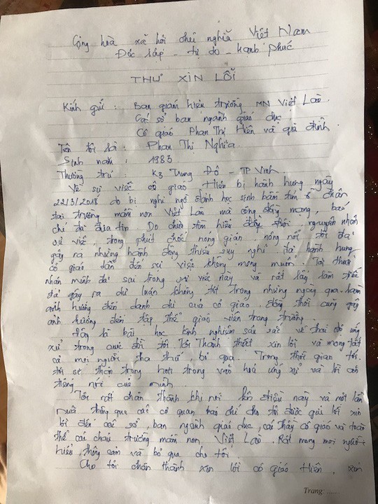 Vụ phụ huynh đánh cô giáo mang thai: Viết thư tay, đến tận nhà xin lỗi sau khi bị 'khủng bố' tinh thần ảnh 1