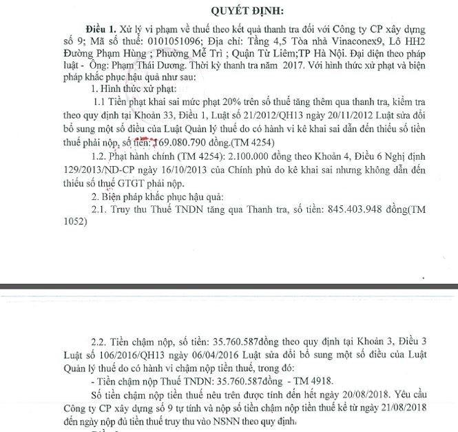 Vinaconex 9 bị truy thu và phạt gần 900 triệu đồng tiền thuế ảnh 1