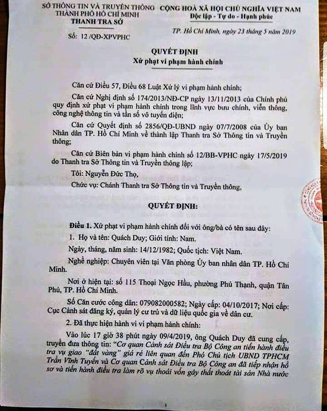 Vu khống lãnh đạo, chuyên viên UBND TP HCM bị phạt 7,5 triệu đồng ảnh 1