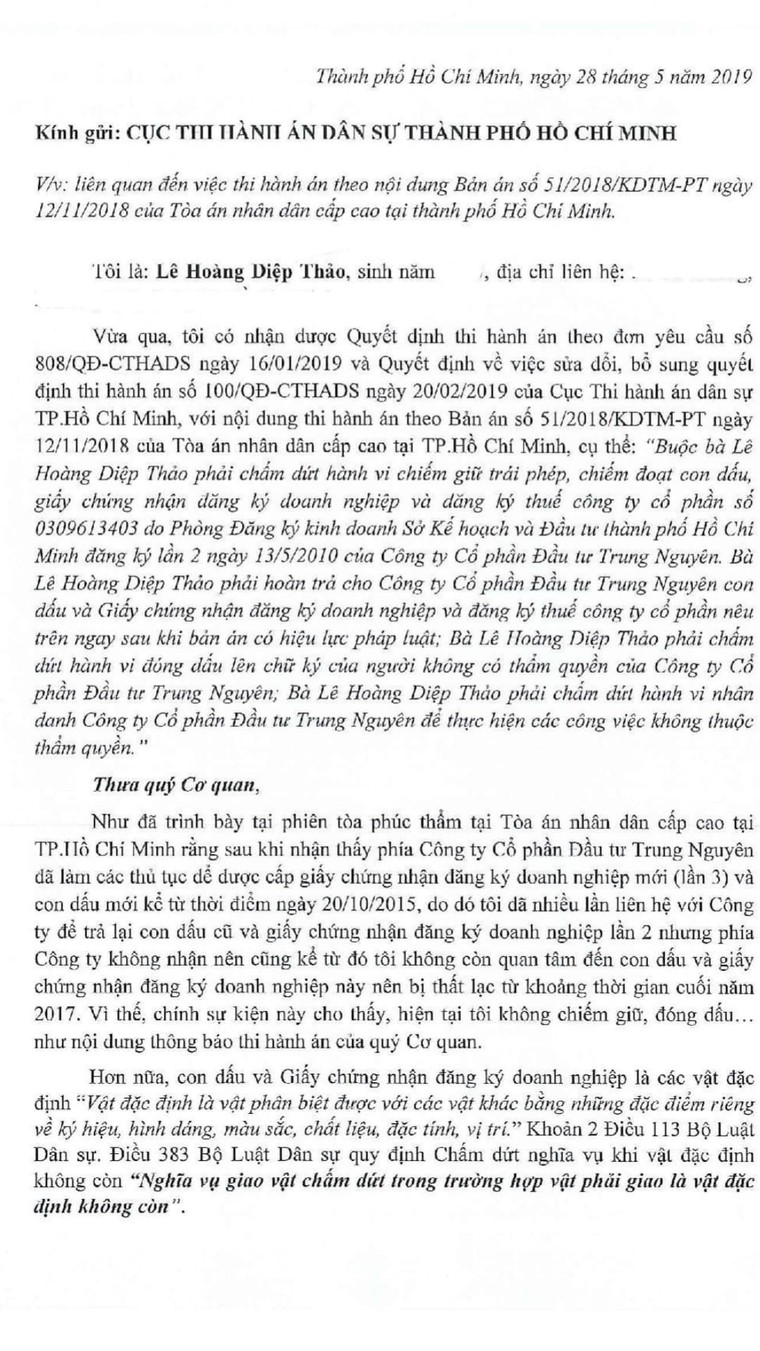 Vụ con dấu Trung Nguyên: Bà Lê Hoàng Diệp Thảo tố cáo chấp hành viên ảnh 1
