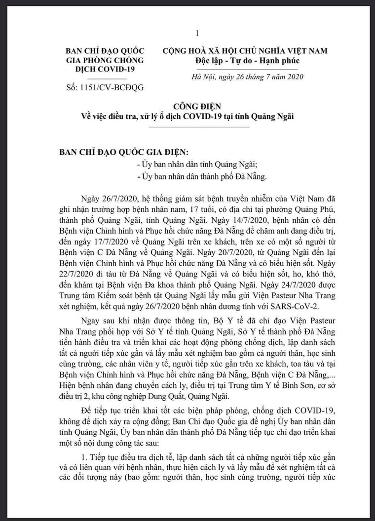 Công điện khẩn về điều tra, xử lý ổ dịch COVID-19 tại Quảng Ngãi ảnh 1