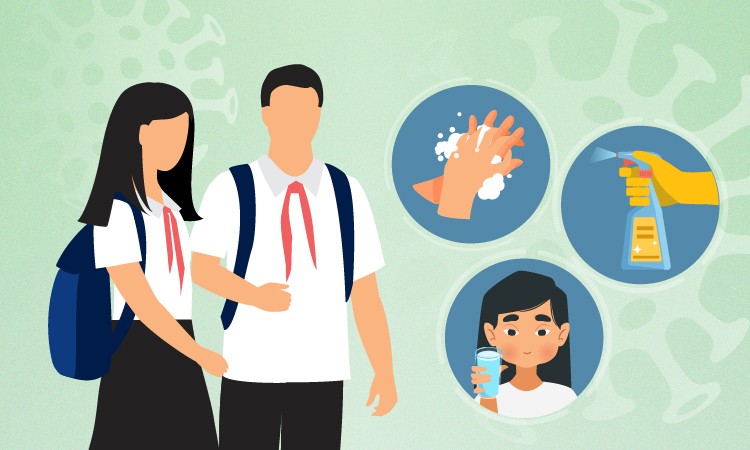 Bộ Y tế hướng dẫn phòng chống corona cho học sinh. Đồ họa: Tạ Lư