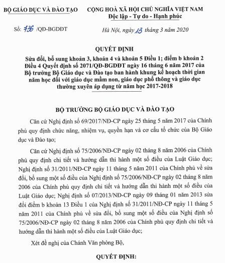 Bộ GD&ĐT sửa đổi Quyết định ban hành khung kế hoạch thời gian năm học ảnh 1