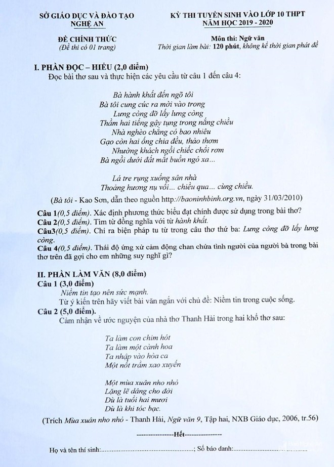 Sở GD&ĐT Nghệ An nói về đề thi Văn lớp 10 giống đề khảo sát học kỳ ảnh 1