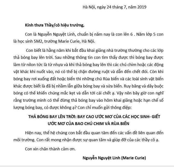 Xúc động bức thư của cô bé 11 tuổi: ‘Xin đừng thả bóng bay trong ngày khai giảng’ ảnh 1