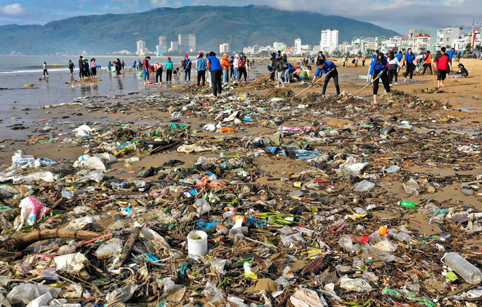 Bờ biển Quy Nhơn ngập rác sau bão số 5 ảnh 1