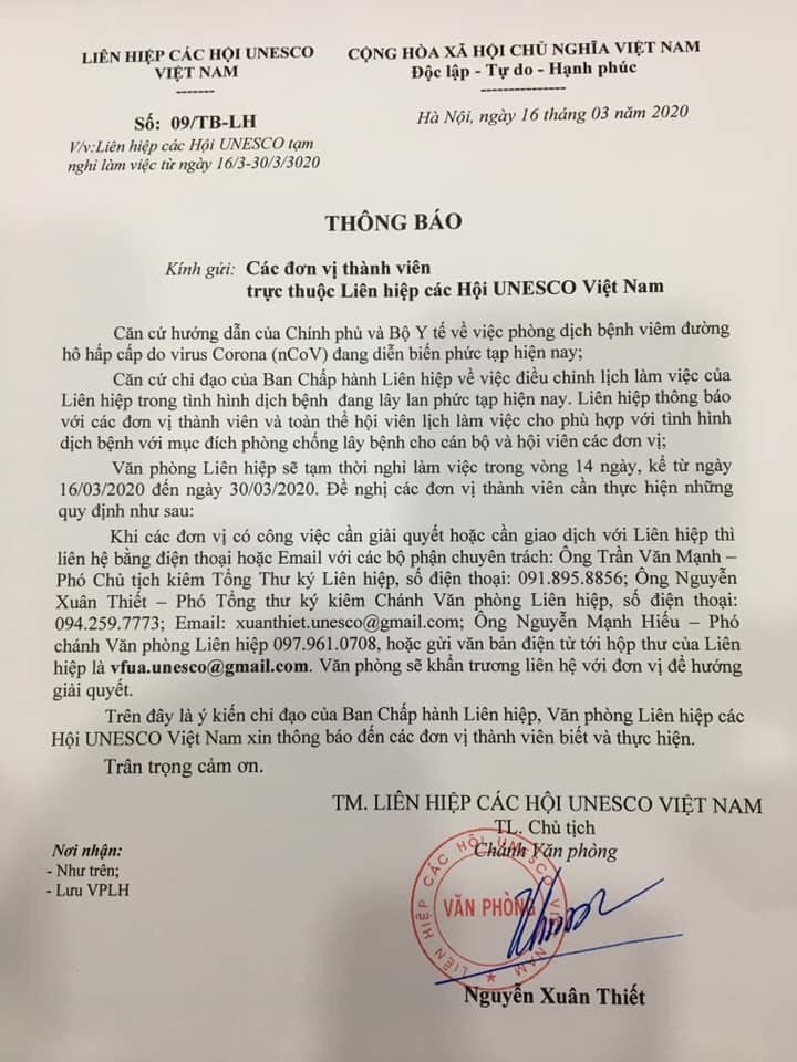 Chống dịch Covid-19: Liên hiệp các Hội UNESCO Việt Nam nghỉ làm việc trong 14 ngày ảnh 1