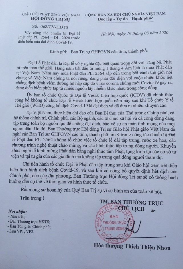 Giáo hội Phật giáo kêu gọi không tổ chức lễ Phật đản ảnh 1