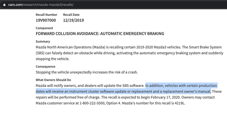 Chủ xe Mazda 3 2020 ở Mỹ sẽ được nâng cấp phần mềm hoặc thay thế hệ thống hỗ trợ phanh thông minh (SBS) từ 17/2/2020 ảnh 1