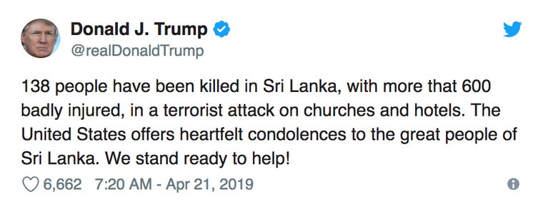 Tổng thống Trump gửi lời chia buồn tới Sri Lanka ảnh 1