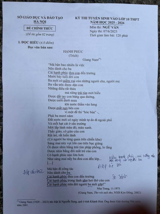 Đề thi chính thức môn Ngữ văn kỳ thi vào lớp 10 tại Hà Nội ảnh 1