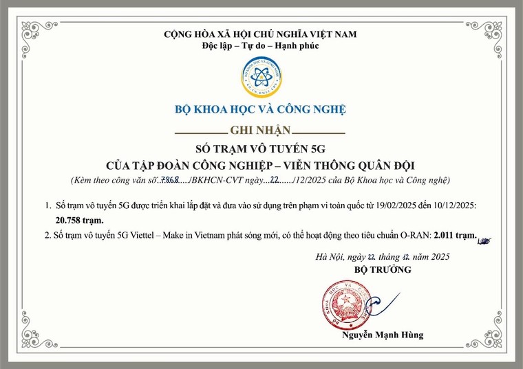 Bộ Khoa học và Công nghệ ghi nhận Viettel hoàn thành cam kết triển khai mạng 5G ảnh 1
