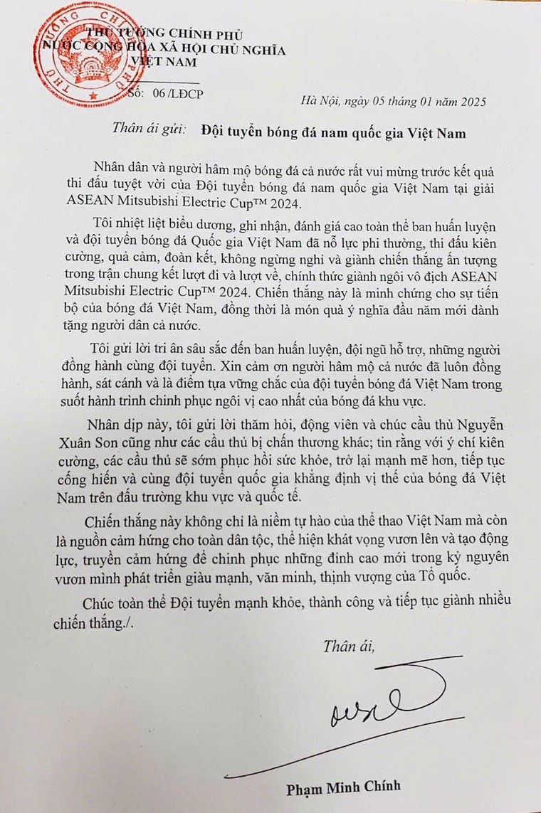 Thủ tướng Phạm Minh Chính gửi Thư khen, chúc mừng Đội tuyển bóng đá Việt Nam ảnh 1