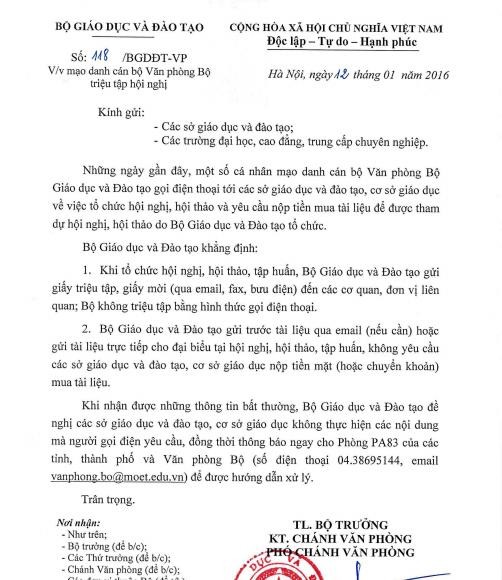 Mạo danh cán bộ Văn phòng Bộ Giáo dục triệu tập hội nghị