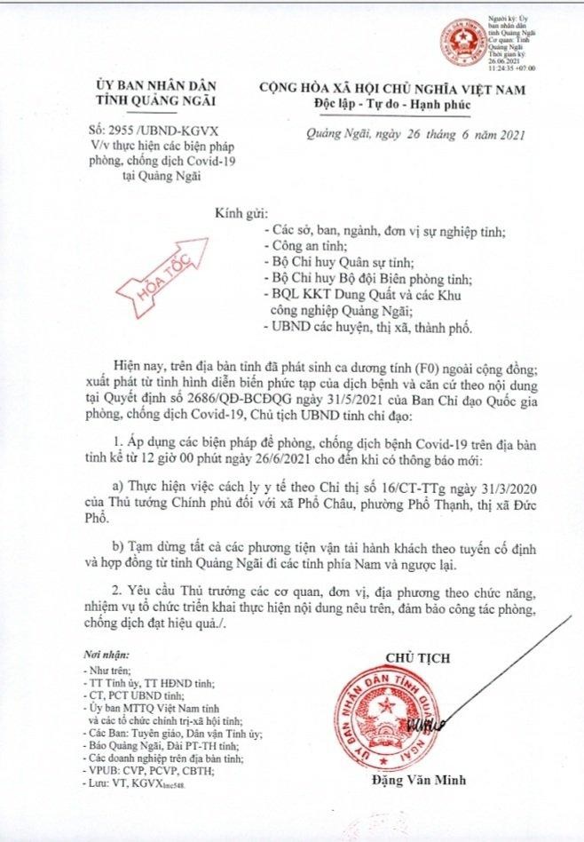 Giãn cách xã hội hai xã, phường ở Quảng Ngãi từ 12g trưa nay 26/6 ảnh 1