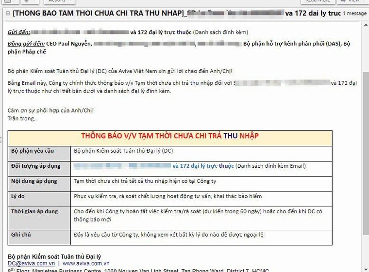 Vụ Đại lý kêu cứu vì bị tạm giữ tiền quá lâu: Phản hồi của AVIVA Việt Nam ảnh 1