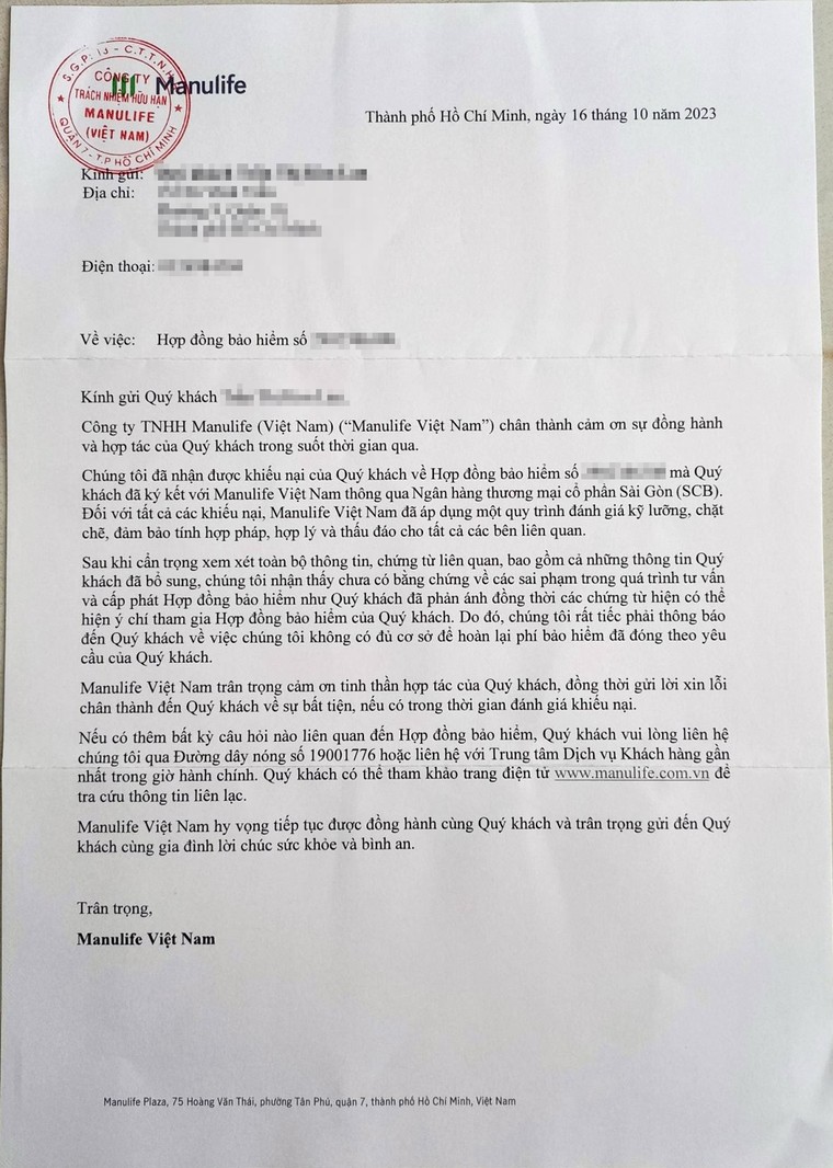 Manulife từ chối hoàn tiền “Tâm an đầu tư” vì cho rằng không đủ chứng cứ ảnh 1