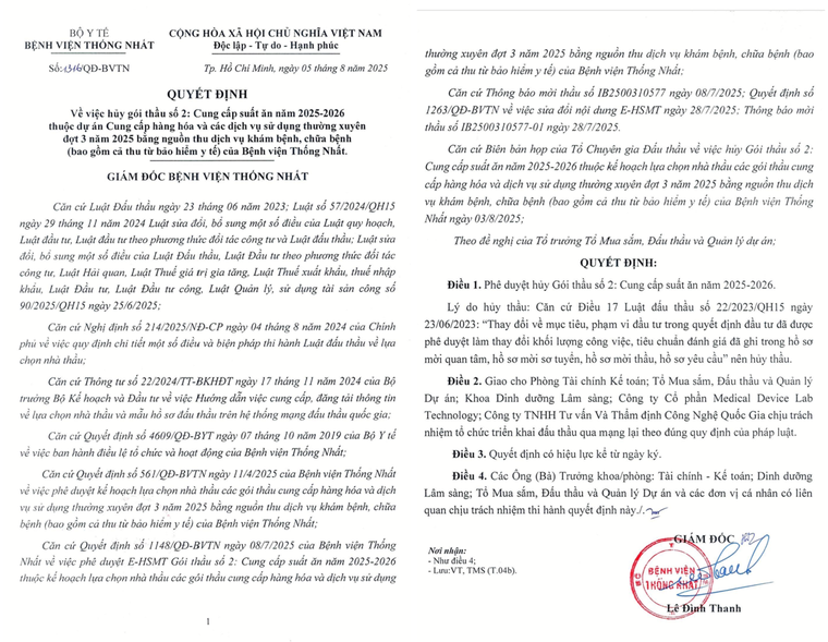 Gói thầu suất ăn tại Bệnh viện Thống Nhất: Hủy thầu sau nhiều ‘ồn ào’ liên quan đến hồ sơ mời thầu ảnh 1