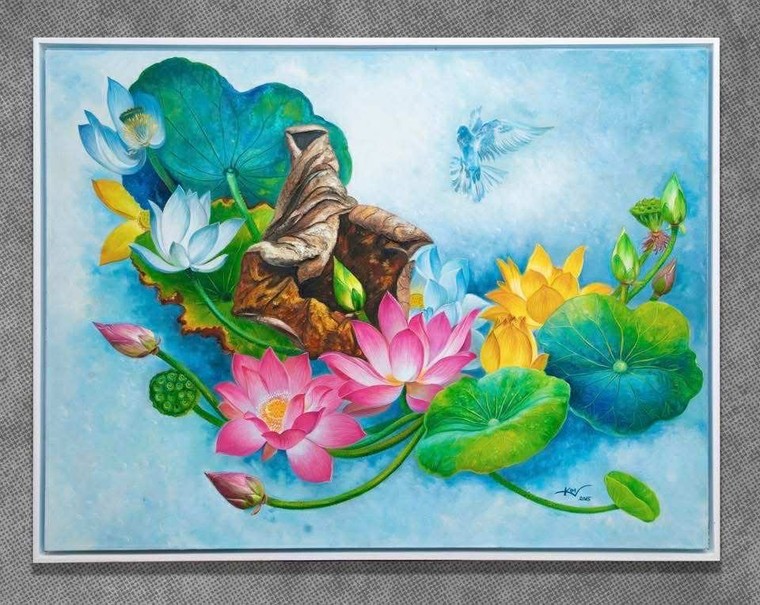 Xem tranh sơn dầu đắp nổi về hoa sen, Phật giáo của họa sĩ Trương Kim ảnh 1