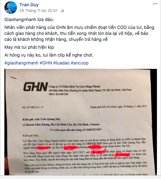 Nhân viên Giaohangnhanh.vn tráo ống kính máy ảnh bằng vỏ lon để “đánh cắp” tiền thu hộ của khách hàng ảnh 1