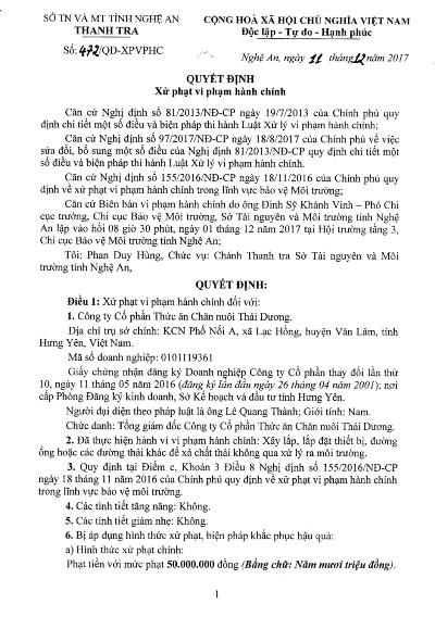 Nghệ An: Xử phạt Công ty CP thức ăn chăn nuôi Thái Dương 50 triệu đồng ảnh 1