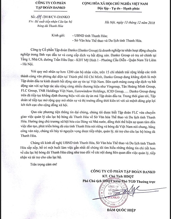 Danko Group xin tiếp nhận và tài trợ CLB bóng đá Thanh Hóa ảnh 1