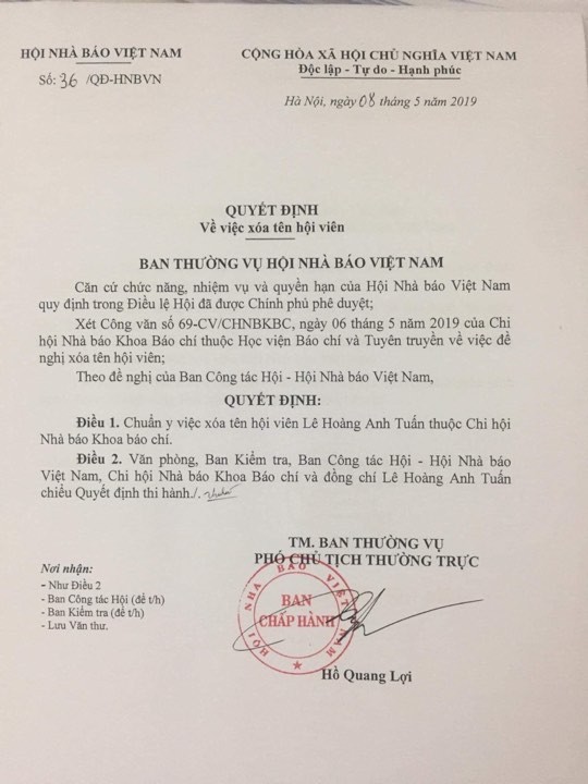 Xóa tên Hội viên Hội nhà báo Việt Nam đối với ông Lê Hoàng Anh Tuấn ảnh 1