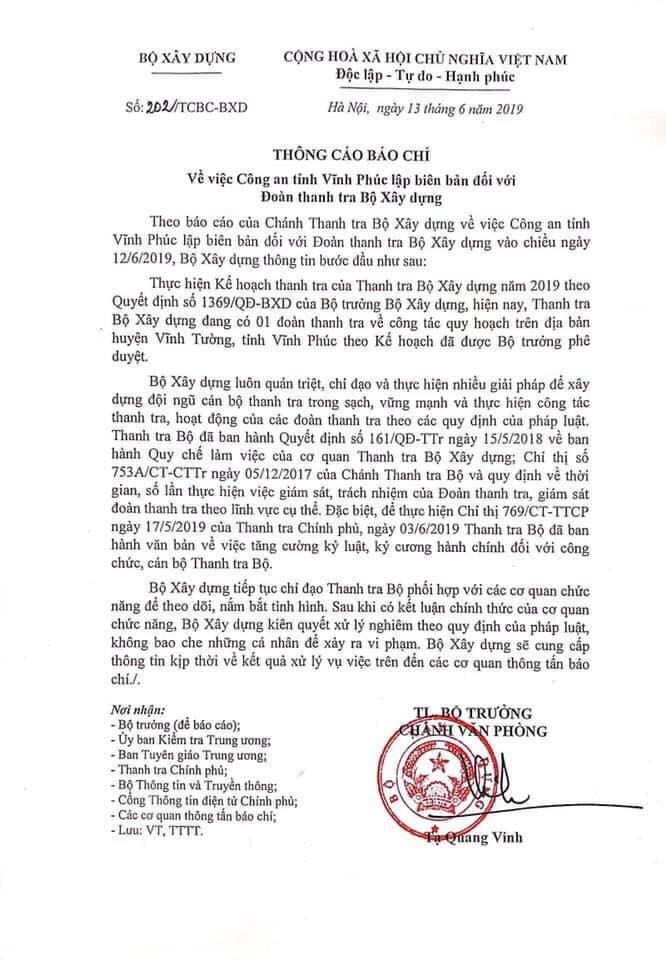 Bộ xây dựng lên tiếng về việc Đoàn thanh tra Bộ Xây dựng bị Công an tỉnh Vĩnh Phúc lập biên bản ảnh 2