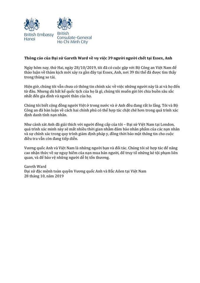 Đại sứ Vương quốc Anh thông tin về vụ 39 thi thể trong xe container ảnh 1