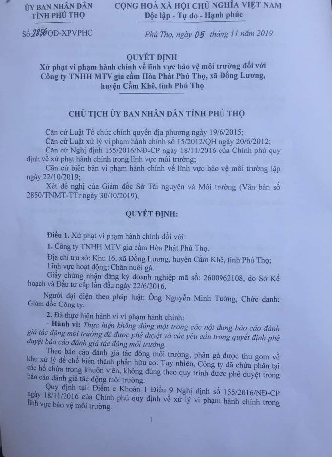 Công ty Hòa Phát Phú Thọ bị xử phạt hơn 400 triệu đồng vì gây ô nhiễm môi trường ảnh 1