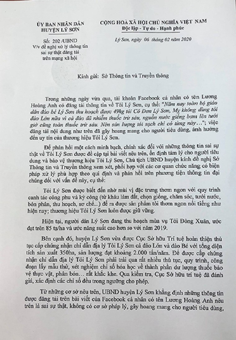 Vụ ‘nói xấu’ tỏi Lý Sơn trên mạng xã hội: Đề nghị Bộ Công an vào cuộc ảnh 1