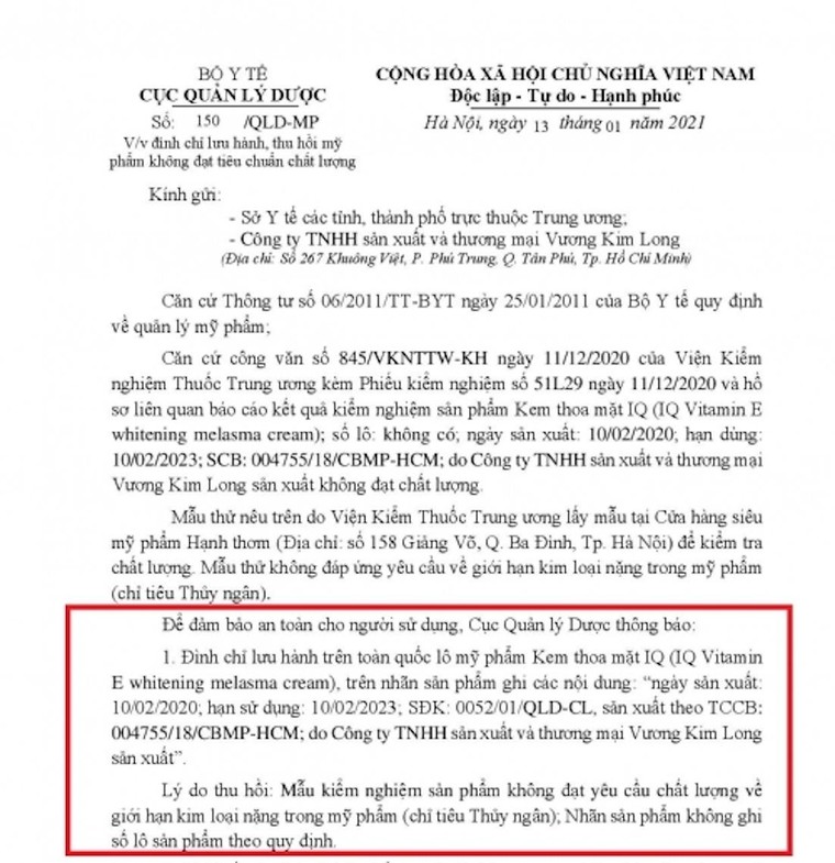 Không đạt yêu cầu chất lượng, Kem thoa mặt IQ bị thu hồi trên toàn quốc ảnh 1