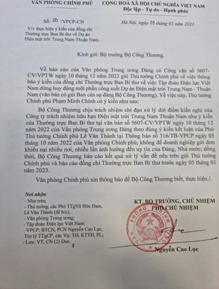 Văn phòng Chính phủ chỉ đạo vấn đề tại dự án điện mặt trời Trung Nam-Thuận Nam ảnh 1