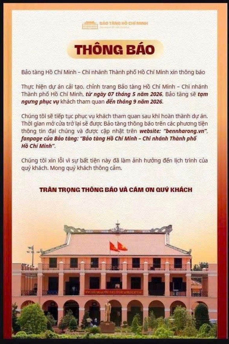 Bảo tàng Hồ Chí Minh - Chi nhánh TP Hồ Chí Minh tạm ngưng đón khách để chỉnh trang ảnh 1