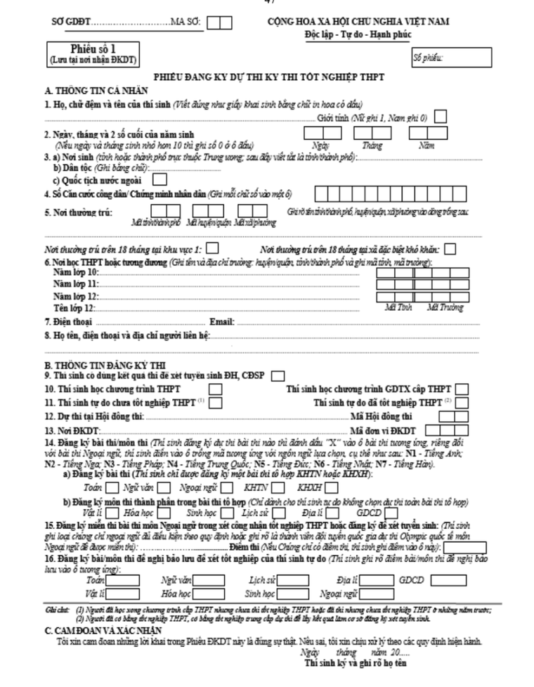 Bộ GD&ĐT hướng dẫn cách điền phiếu đăng ký dự thi tốt nghiệp THPT 2023 ảnh 1