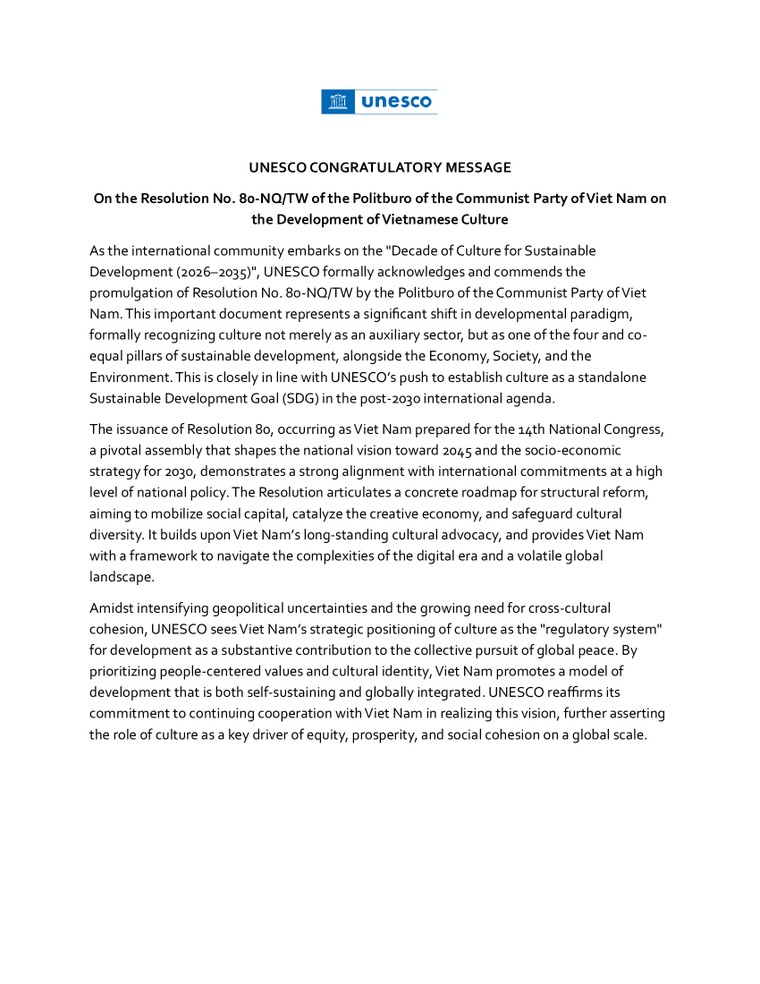 UNESCO gửi thông điệp chúc mừng Việt Nam ban hành Nghị quyết 80 về phát triển văn hóa ảnh 1