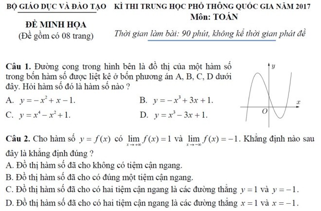 Đề minh họa môn Toán kỳ thi THPT quốc gia 2017 ảnh 1