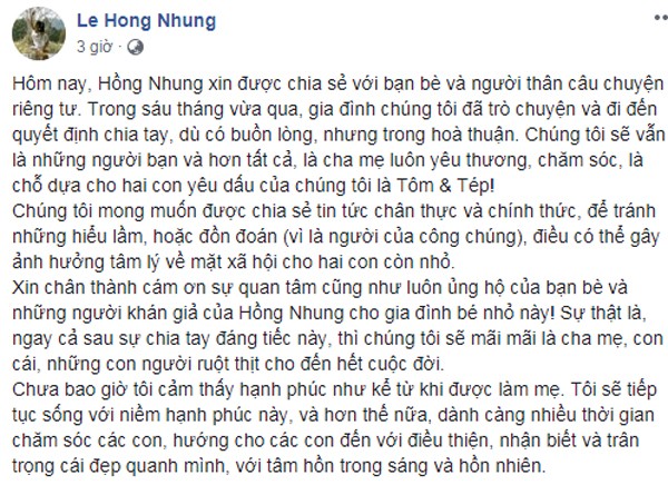 Hồng Nhung bất ngờ tuyên bố đã chia tay chồng tây ảnh 1