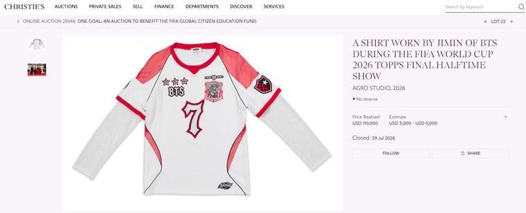 Christie’s đấu giá áo Jimin (BTS) mặc tại chung kết World Cup 2026 với giá 110.000 USD ảnh 1